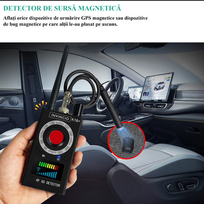 Detector profesional anti spionaj, Invincio K18, detecteaza Camere, Microfoane, Localizatoare GPS sau GSM, semnale wi-fi si dispozitive cu frecvente 1-8000MHZ, lungime 10.5 cm, negru