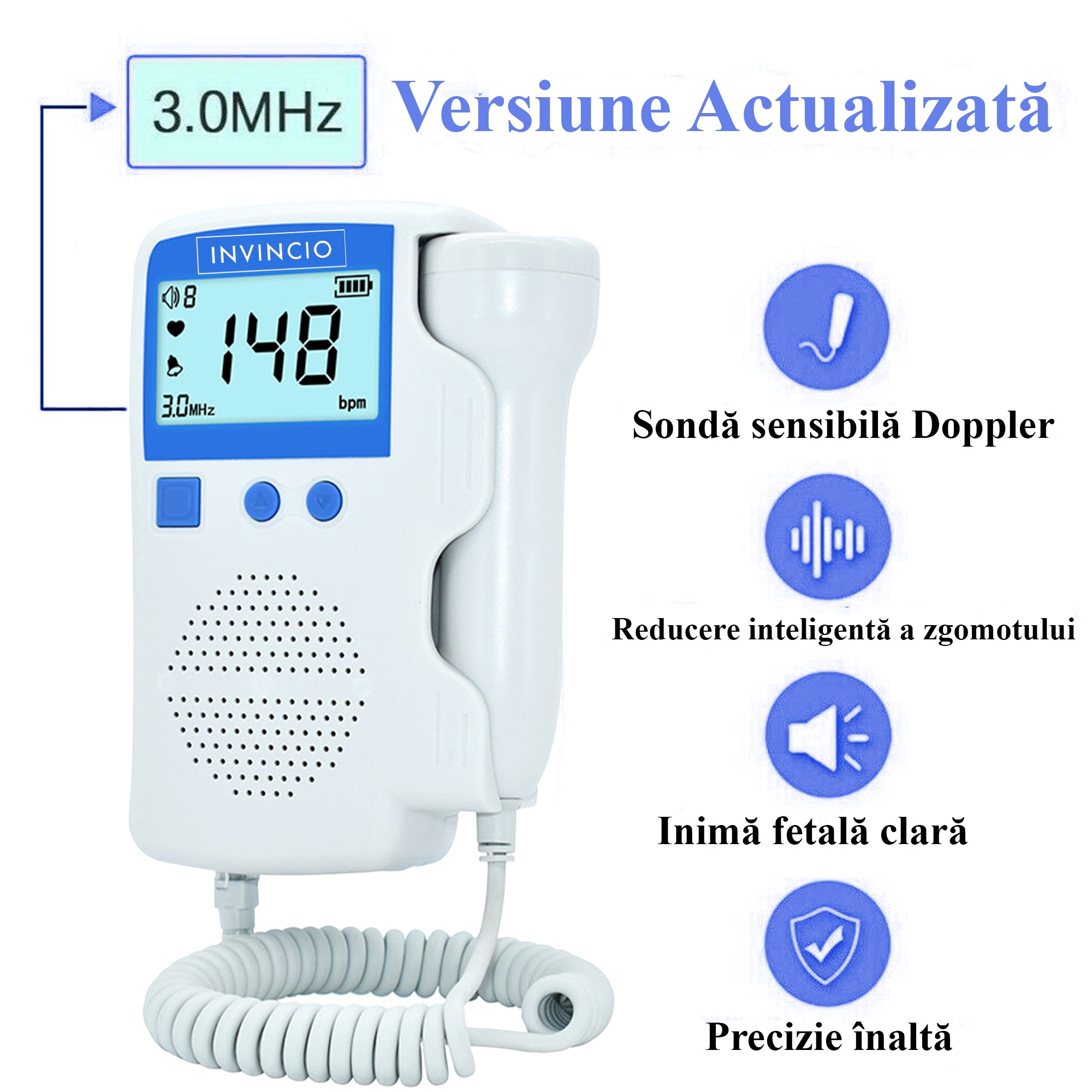 Monitor fetal Doppler, Invincio, pentru monitorizare functii vitale fat intrauterin, set cu gel ultrasunete, Zero radiatii, detectarea batailor inimii/pulsului fatului, pentru gravide, portabil, alb/albastru