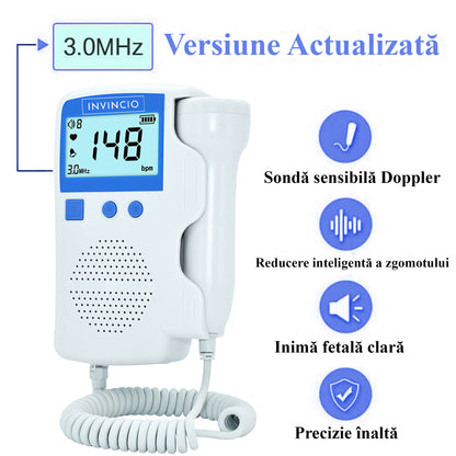 Monitor fetal Doppler, Invincio, pentru monitorizare functii vitale fat intrauterin, set cu gel ultrasunete, Zero radiatii, detectarea batailor inimii/pulsului fatului, pentru gravide, portabil, alb/albastru