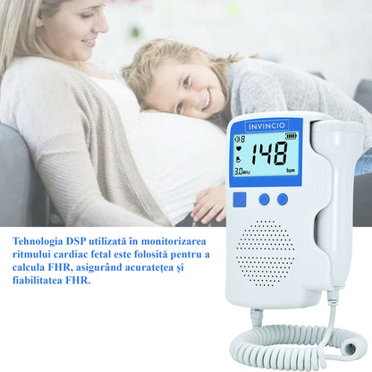 Monitor fetal Doppler, Invincio, pentru monitorizare functii vitale fat intrauterin, set cu gel ultrasunete, Zero radiatii, detectarea batailor inimii/pulsului fatului, pentru gravide, portabil, alb/albastru