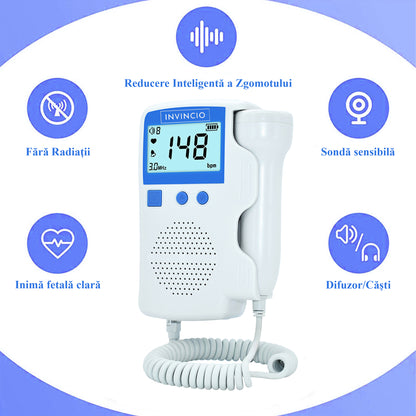 Monitor fetal Doppler, Invincio, pentru monitorizare functii vitale fat intrauterin, set cu gel ultrasunete, Zero radiatii, detectarea batailor inimii/pulsului fatului, pentru gravide, portabil, alb/albastru