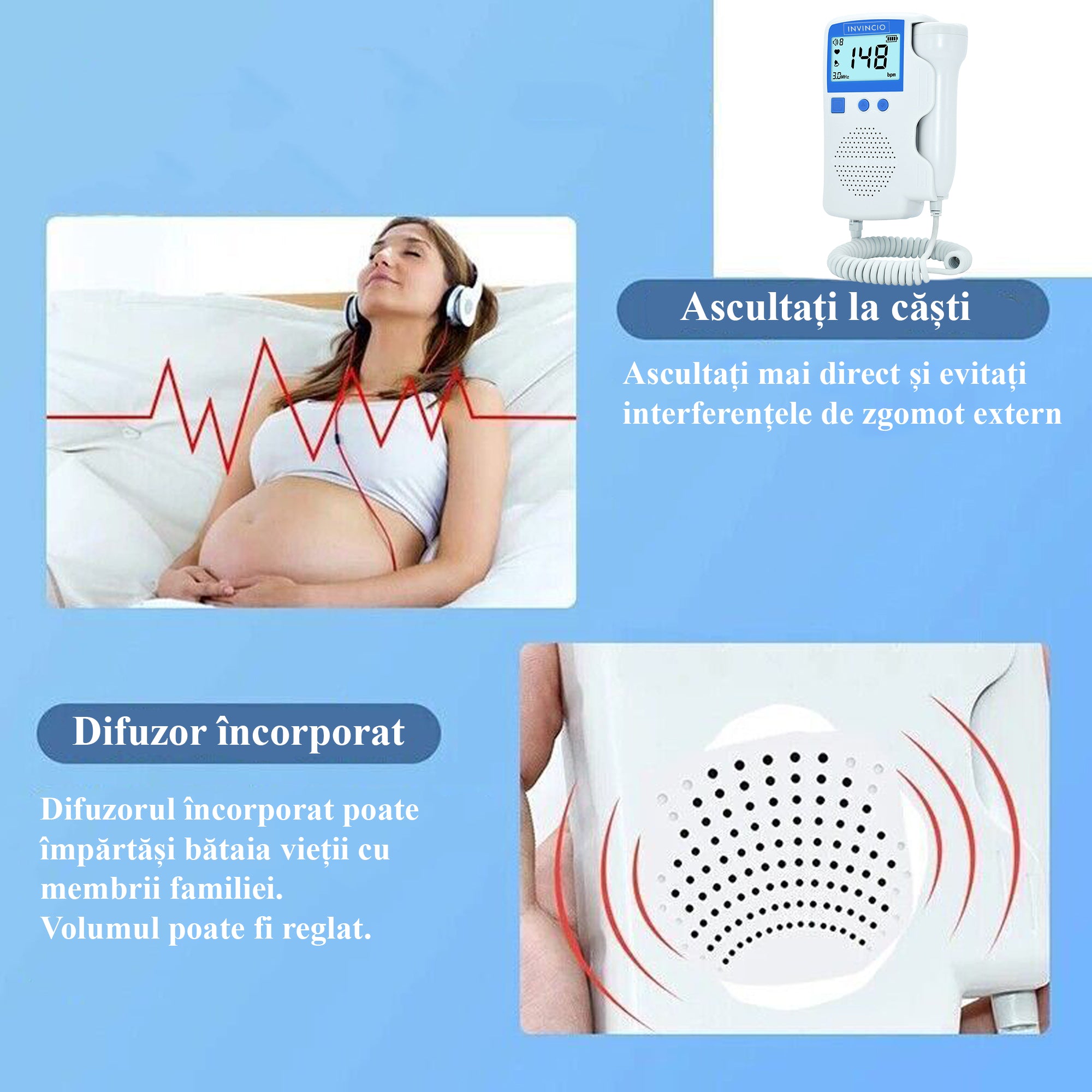 Monitor fetal Doppler, Invincio, pentru monitorizare functii vitale fat intrauterin, set cu gel ultrasunete, Zero radiatii, detectarea batailor inimii/pulsului fatului, pentru gravide, portabil, alb/albastru