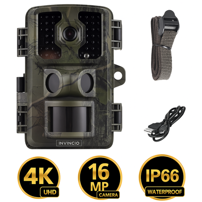 Camera de vanatoare, Invincio Hunter Trail 4K, cu senzor miscare, vedere nocturna IR, rezistent la apa, ecran 2.0 inch, detectie 10m, inregistrare video si foto simultan, alimentare baterii AA, ideala pentru observare fauna sau securitate, camuflaj
