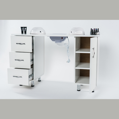 Masa profesionala pentru manichiura INVINCIO™ STYLE PRO cu aspirator integrat, reglaj pe inaltime, 2 dulapuri, 3 sertare, 3 rafturi, suprafata lavabila, dimensiuni 120x45x76 cm, alb