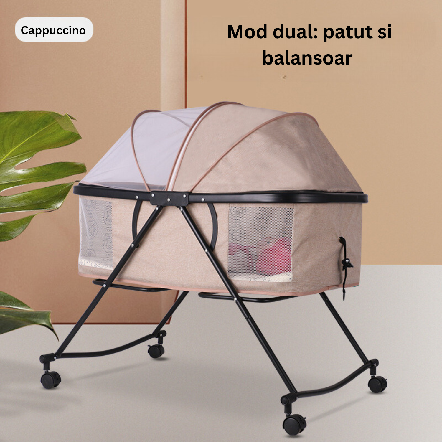 Patut Pliabil pentru bebelusi Bezubi Stars, multifunctional 3 in 1, pat, balansoar si plasa anti-insecte, sistem de blocare roti, 3 trepte de inclinare spatar si zona capului, portabil, adecvat nou nascuti - 2 ani, cappuccino