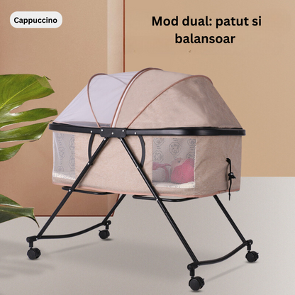Patut Pliabil pentru bebelusi Bezubi Stars, multifunctional 3 in 1, pat, balansoar si plasa anti-insecte, sistem de blocare roti, 3 trepte de inclinare spatar si zona capului, portabil, adecvat nou nascuti - 2 ani, cappuccino