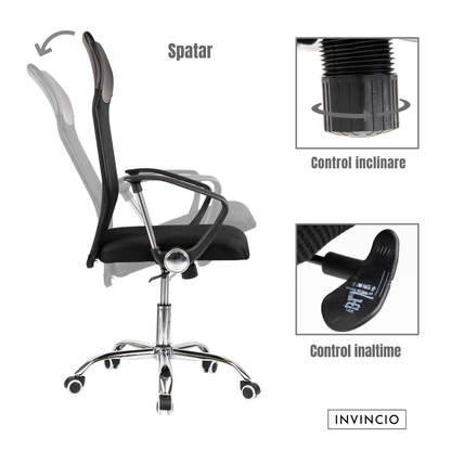 Invincio SmartFit 2 – Scaun ergonomic cu spatar mesh si tetiera, negru