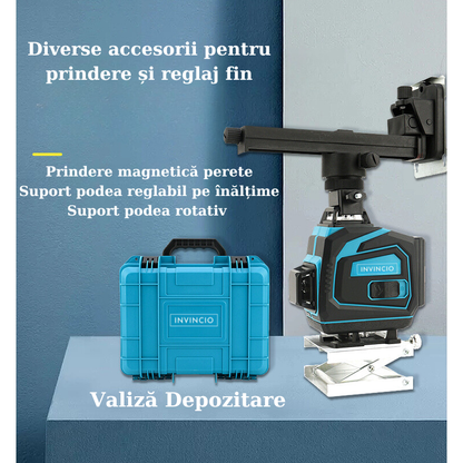 Nivela cu laser verde, 12 linii, orizontal, vertical, perimetral, prindere magnetica, uz interior si exterior, auto-nivelare, rotire 360 grade, Telecomanda, 2 acumulatori de schimb