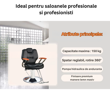 Scaun profesional pentru frizerie si barber shop Invincio™ PRO, Rotire la 360 grade, Rabatabil 180 grade, Piston hidraulic, Reglabil pe inaltime, Tetiera reglabila, Piele ecologica, Negru portocaliu