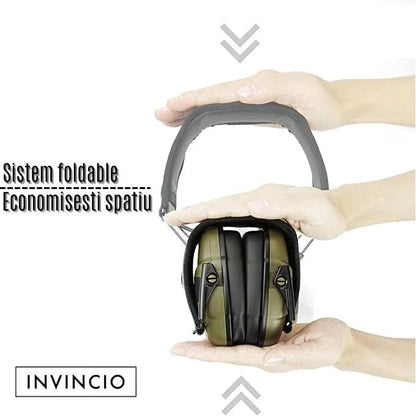 Casti tactice antifon activ INVINCIO® HL, protectie auz, antifonate electronic, doua microfoane, filtrare zgomot ambiental, sensibilitate reglabila, profil redus, conectare audio prin jack, pentru poligon, vanatoare, paintball, airsoft, Verde