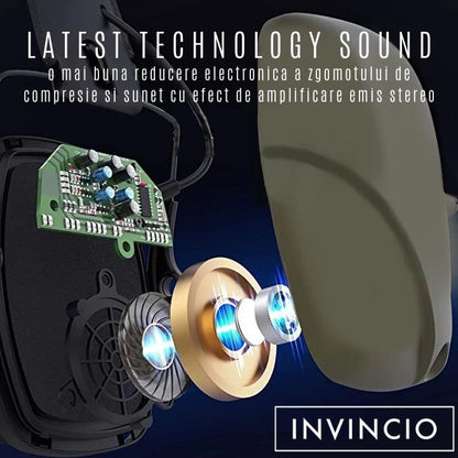 Casti tactice antifon activ INVINCIO® HL, protectie auz, antifonate electronic, doua microfoane, filtrare zgomot ambiental, sensibilitate reglabila, profil redus, conectare audio prin jack, pentru poligon, vanatoare, paintball, airsoft, Verde