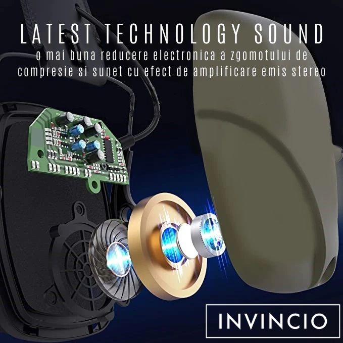 Casti tactice antifon activ INVINCIO® HL, protectie auz, antifonate electronic, doua microfoane, filtrare zgomot ambiental, sensibilitate reglabila, profil redus, conectare audio prin jack, pentru poligon, vanatoare, paintball, airsoft, Verde