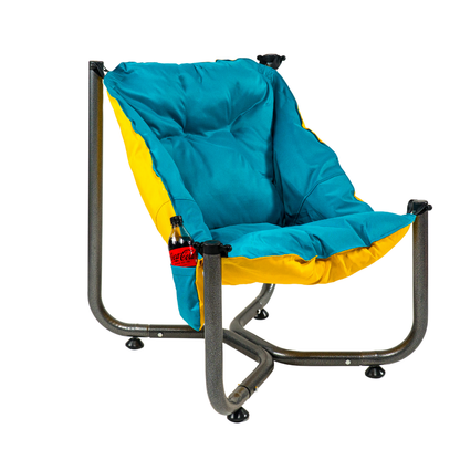 Scaun de plaja, gradina, pescuit si camping, Bezubi Campster, sezlong design ergonomic si demontabil, perna matlasata confortabila cu doua fete, buzunar lateral, material rezistent la umezeala, lavabil, galben-turcoaz