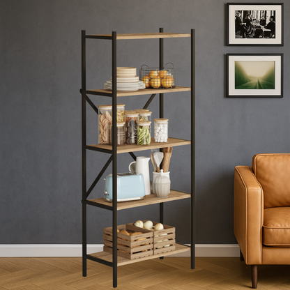 Etajera Multifunctionala, Biblioteca Bezubi cu 4 rafturi deschise, design modern, cadru metalic robust si rafturi din lemn, stabilitate marita, tija in foma de X, ideala pentru carti, plante, decoratiuni, living, birou sau dormitor, maro