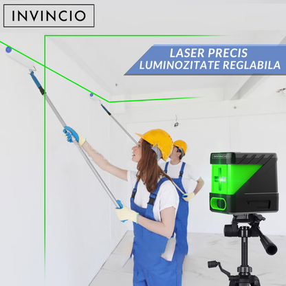 Nivela laser verde Invincio Practic, fascicol laser cruce, auto-nivelare ±4º grade, raza 20 m, 4 intensitati luminare, functie blocare pentru linii diagonale, precizie ± 3mm la 20m, 79x49x78 cm, verde