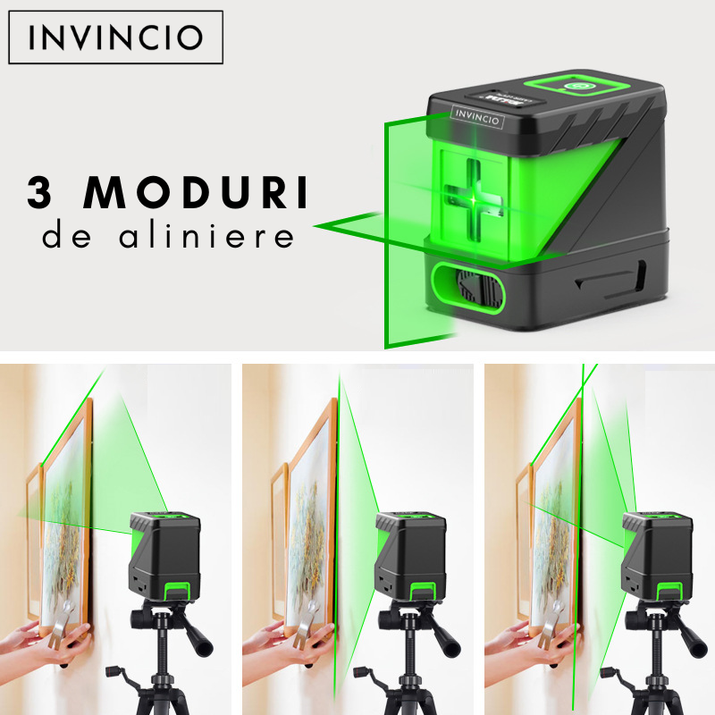 Nivela laser verde Invincio Practic, fascicol laser cruce, auto-nivelare ±4º grade, raza 20 m, 4 intensitati luminare, functie blocare pentru linii diagonale, precizie ± 3mm la 20m, 79x49x78 cm, verde