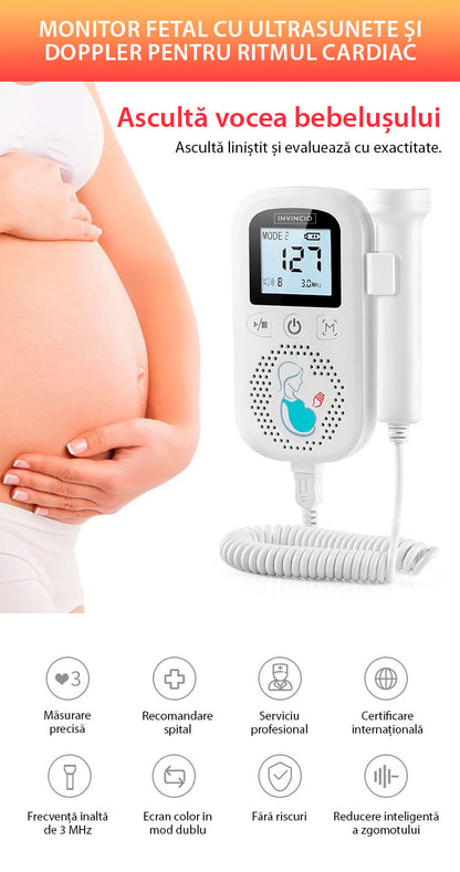Monitor fetal Doppler, INVINCIO JZI, pentru monitorizare functii vitale fat intrauterin, 3 moduri masurare, acuratete ridicata – sonda 3 mHz, gel ultrasunete inclus, Zero radiatii, detectarea batailor inimii fatului, pentru gravide, portabil, alb