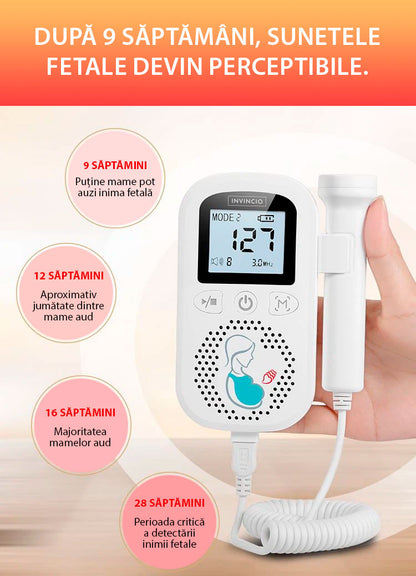 Monitor fetal Doppler, INVINCIO JZI, pentru monitorizare functii vitale fat intrauterin, 3 moduri masurare, acuratete ridicata – sonda 3 mHz, gel ultrasunete inclus, Zero radiatii, detectarea batailor inimii fatului, pentru gravide, portabil, alb