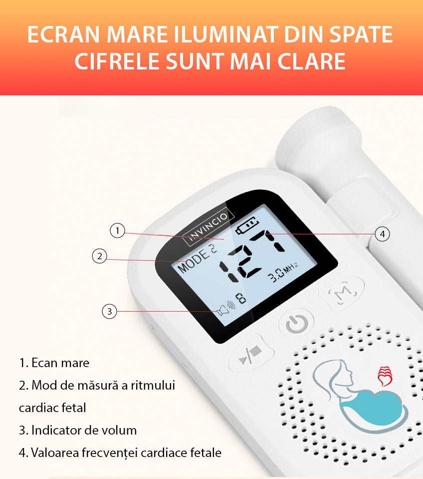Monitor fetal Doppler, INVINCIO JZI, pentru monitorizare functii vitale fat intrauterin, 3 moduri masurare, acuratete ridicata – sonda 3 mHz, gel ultrasunete inclus, Zero radiatii, detectarea batailor inimii fatului, pentru gravide, portabil, alb