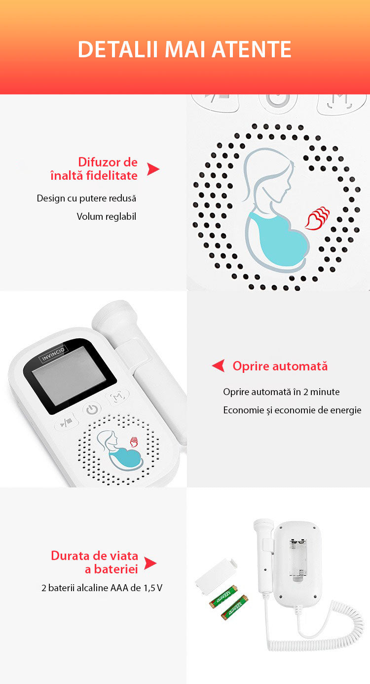 Monitor fetal Doppler, INVINCIO JZI, pentru monitorizare functii vitale fat intrauterin, 3 moduri masurare, acuratete ridicata – sonda 3 mHz, gel ultrasunete inclus, Zero radiatii, detectarea batailor inimii fatului, pentru gravide, portabil, alb