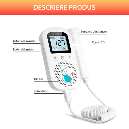 Monitor fetal Doppler, INVINCIO JZI, pentru monitorizare functii vitale fat intrauterin, 3 moduri masurare, acuratete ridicata – sonda 3 mHz, gel ultrasunete inclus, Zero radiatii, detectarea batailor inimii fatului, pentru gravide, portabil, alb