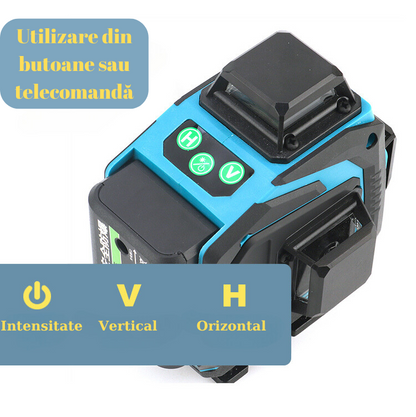 Nivela cu laser verde, 12 linii, orizontal, vertical, perimetral, prindere magnetica, uz interior si exterior, auto-nivelare, rotire 360 grade, Telecomanda, 2 acumulatori de schimb