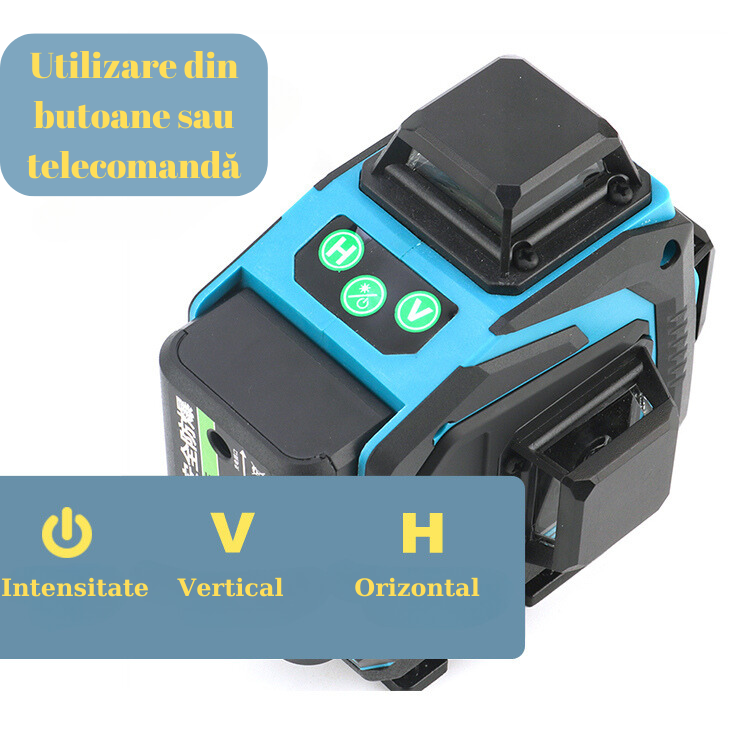 Nivela cu laser verde, 12 linii, orizontal, vertical, perimetral, prindere magnetica, uz interior si exterior, auto-nivelare, rotire 360 grade, Telecomanda, 2 acumulatori de schimb