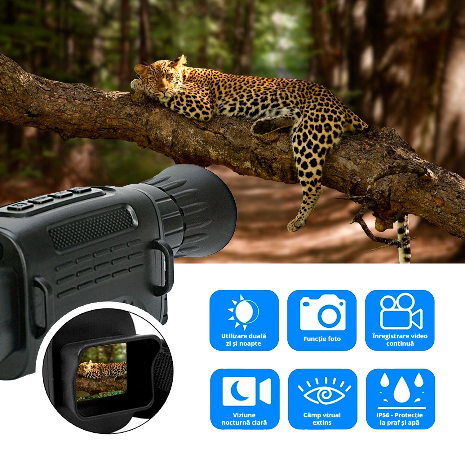 Monoclu cu vedere nocturna Invincio Vision, mod foto sau video FullHD, 1080p, foto 24MP, display TFT 1,5 inch color, zoom digital 6x, focalizare manuala, Micro SD 32GB compatibil, camp vizual 300 m, infrarosu 4 nivele, autonomie 12 ore, portabil, negru