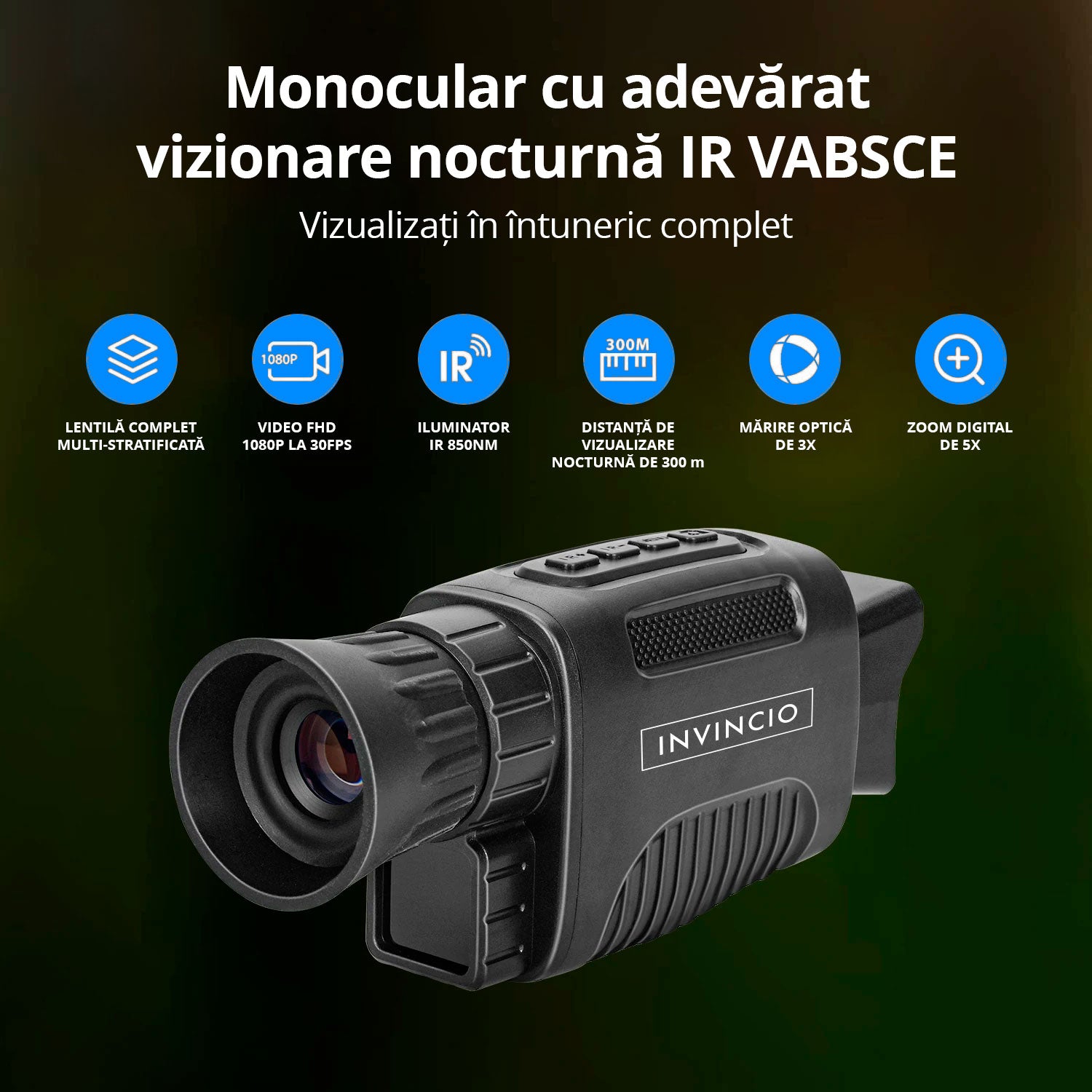 Monoclu cu vedere nocturna Invincio Vision, mod foto sau video FullHD, 1080p, foto 24MP, display TFT 1,5 inch color, zoom digital 6x, focalizare manuala, Micro SD 32GB compatibil, camp vizual 300 m, infrarosu 4 nivele, autonomie 12 ore, portabil, negru