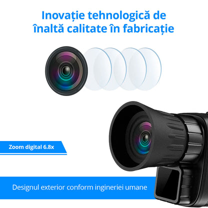 Monoclu cu vedere nocturna Invincio Vision, mod foto sau video FullHD, 1080p, foto 24MP, display TFT 1,5 inch color, zoom digital 6x, focalizare manuala, Micro SD 32GB compatibil, camp vizual 300 m, infrarosu 4 nivele, autonomie 12 ore, portabil, negru