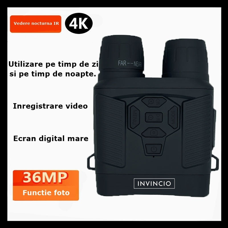 Binoclu cu vedere noctura Invincio Pro, resolutie 4K, functie foto 36 mpx, suport SD card 256 gb compatibil, display LCD 3 inch color, zoom digital 5x, inflarosu pe 7 nivele, camp vizual 300 de m, autonomie 12h, portabil, negru