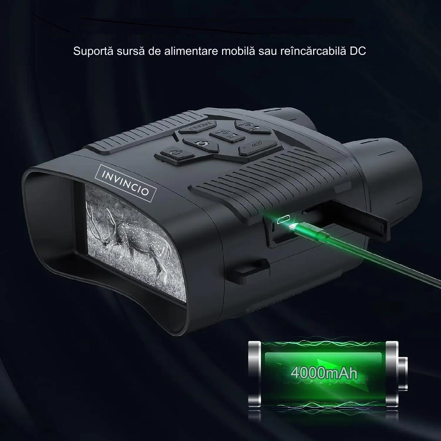 Binoclu cu vedere noctura Invincio Pro, resolutie 4K, functie foto 36 mpx, suport SD card 256 gb compatibil, display LCD 3 inch color, zoom digital 5x, inflarosu pe 7 nivele, camp vizual 300 de m, autonomie 12h, portabil, negru