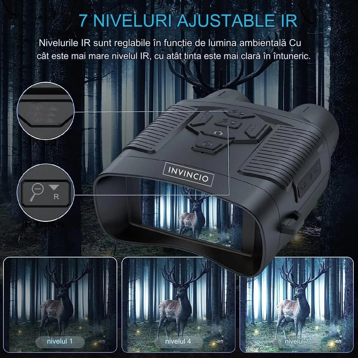 Binoclu cu vedere noctura Invincio Pro, resolutie 4K, functie foto 36 mpx, suport SD card 256 gb compatibil, display LCD 3 inch color, zoom digital 5x, inflarosu pe 7 nivele, camp vizual 300 de m, autonomie 12h, portabil, negru