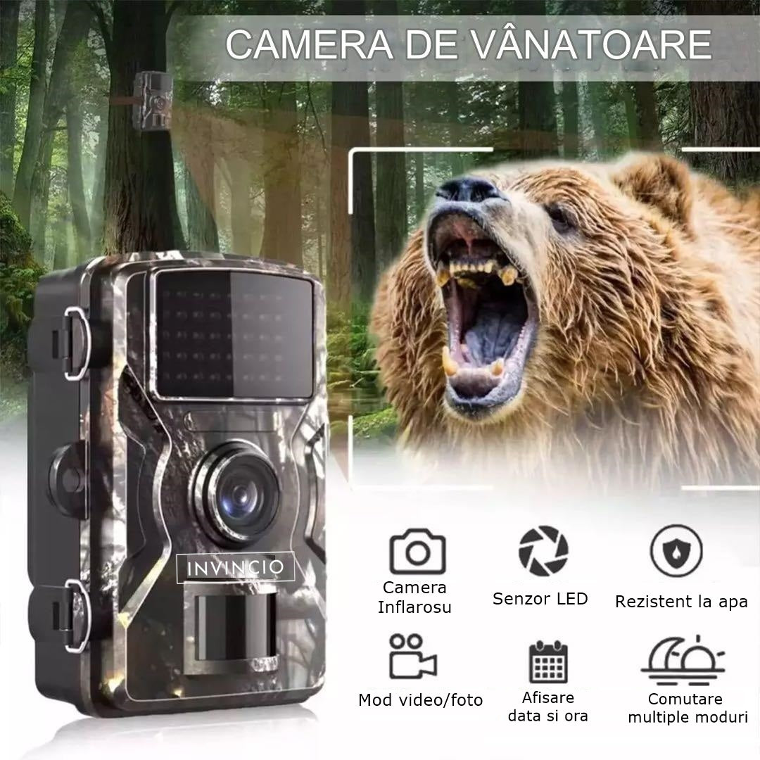 Camera de vanatoare INVINCIO®, monitorizare fauna salbatica, supraveghere gospodarie, foto 12MP, video FHD 1920x1080, protectie IP66, senzor miscare cu infrarosu PIR, display 2 inci, alimentare baterii, stand-by pana la 6 luni, stocare card TF, Camuflaj
