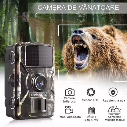 Camera de vanatoare INVINCIO®, monitorizare fauna salbatica, supraveghere gospodarie, foto 12MP, video FHD 1920x1080, protectie IP66, senzor miscare cu infrarosu PIR, display 2 inci, alimentare baterii, stand-by pana la 6 luni, stocare card TF, Camuflaj
