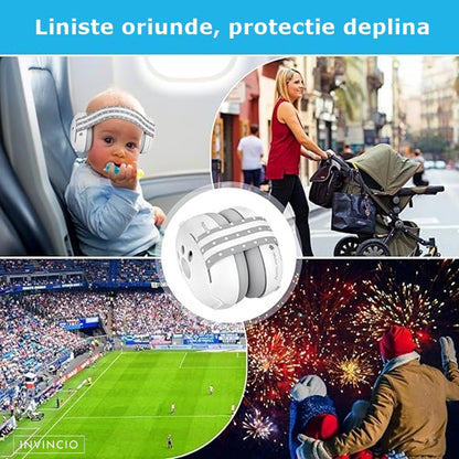 Casti antifonate INVINCIO® Muffy, pentru copii si bebelusi pana la 36 luni, ofera protectie auditiva, somn linistit, mentin copilul calm in medii zgomotoase, sistem de prindere sigur pentru fontanela, cu bentita elastica, usor de folosit, din ABS, Alb