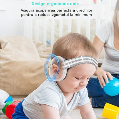 Casti antifonate INVINCIO® Muffy, pentru copii si bebelusi pana la 36 luni, ofera protectie auditiva, somn linistit, mentin copilul calm in medii zgomotoase, sistem de prindere sigur pentru fontanela, cu bentita elastica, usor de folosit, din ABS, Alb