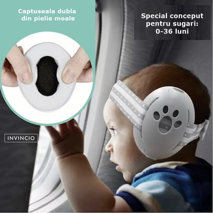 Casti antifonate INVINCIO® Muffy, pentru copii si bebelusi pana la 36 luni, ofera protectie auditiva, somn linistit, mentin copilul calm in medii zgomotoase, sistem de prindere sigur pentru fontanela, cu bentita elastica, usor de folosit, din ABS, Gri