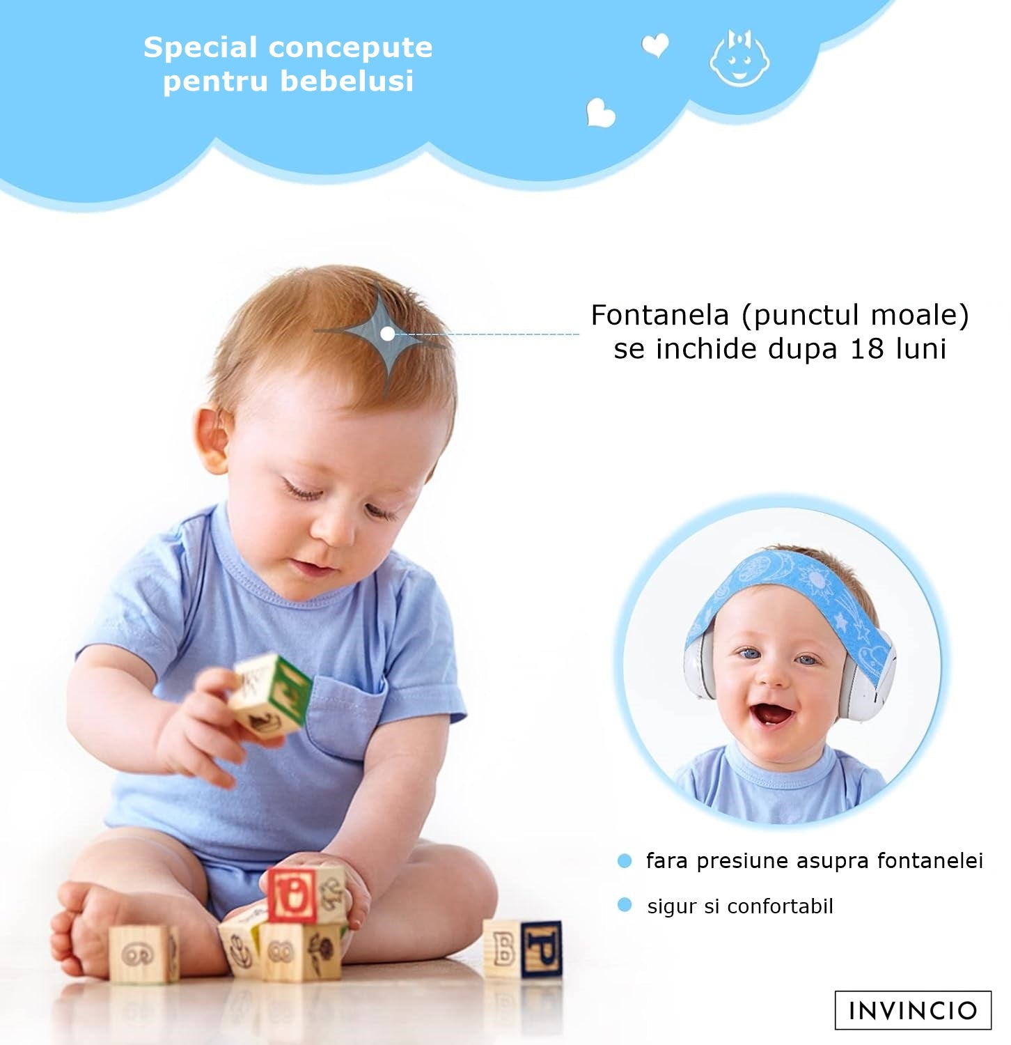 Casti Antifonate Invincio Baby Protection pentru bebelusi, protectie auditiva, marime reglabila, bebelusi 3-36 luni, culoare alb-albastru