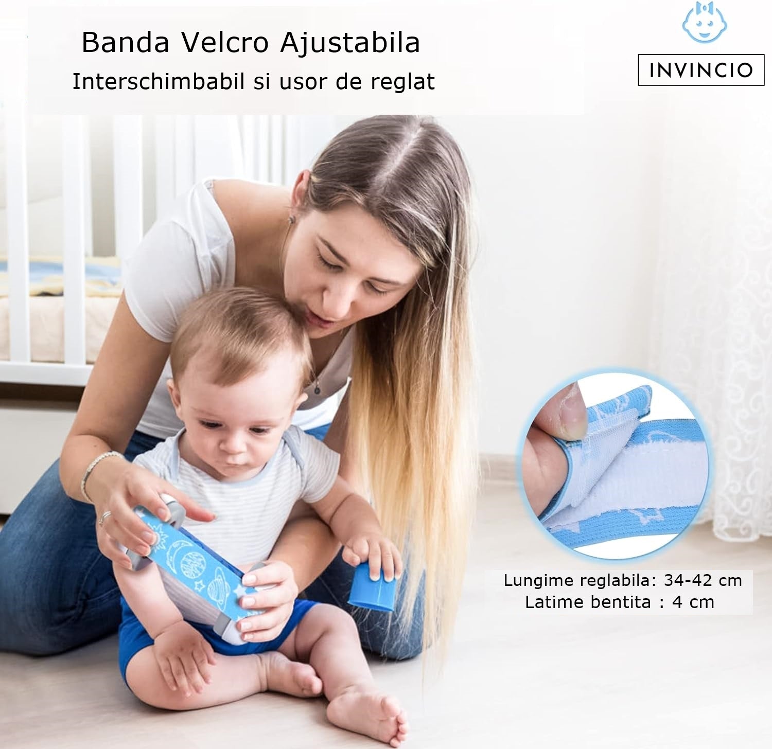 Casti Antifonate Invincio Baby Protection pentru bebelusi, protectie auditiva, marime reglabila, bebelusi 3-36 luni, culoare alb-albastru