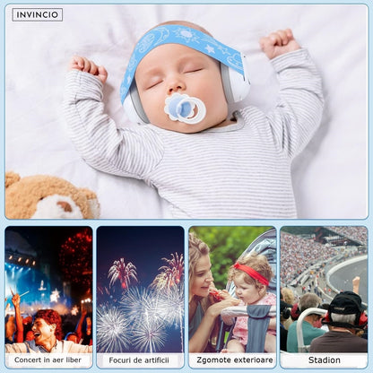 Casti Antifonate Invincio Baby Protection pentru bebelusi, protectie auditiva, marime reglabila, bebelusi 3-36 luni, culoare alb-albastru