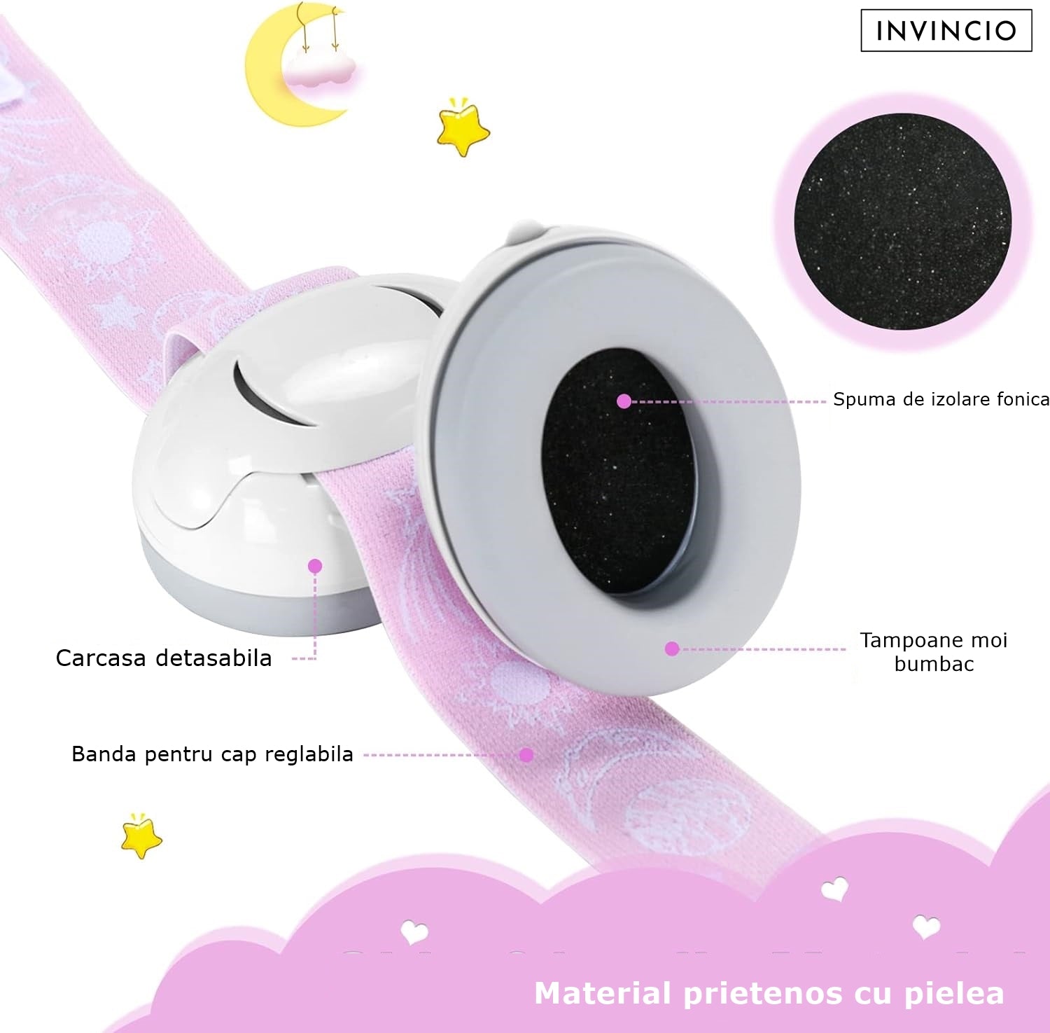 Casti Antifonate Invincio Baby Protection pentru bebelusi, protectie auditiva, marime reglabila, bebelusi 3-36 luni, culoare roz