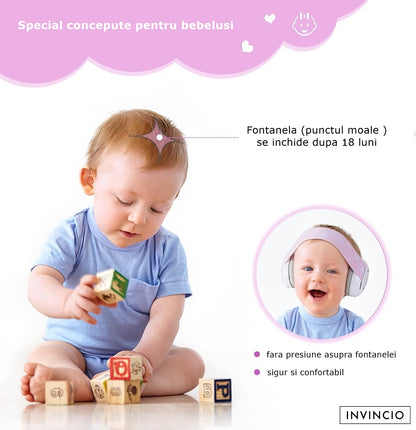 Casti Antifonate Invincio Baby Protection pentru bebelusi, protectie auditiva, marime reglabila, bebelusi 3-36 luni, culoare roz