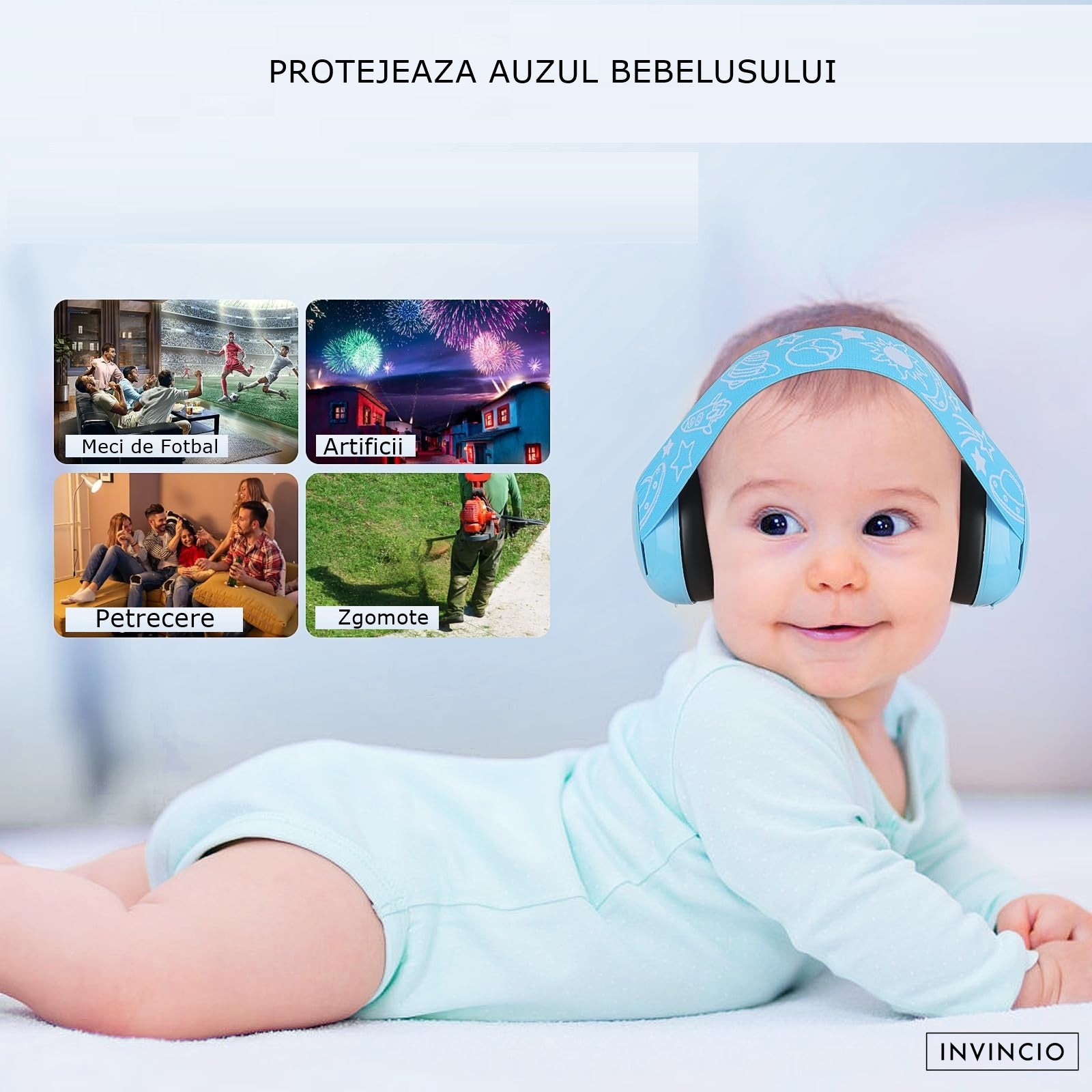 Casti Antifonate Invincio Baby Protection pentru bebelusi, protectie auditiva, marime reglabila, bebelusi 3-36 luni, culoare albastru