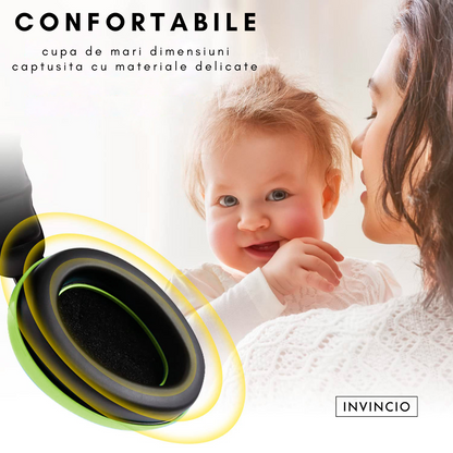 Casti antifonice pentru copii si bebelusi 3-36 luni Invincio Baby Comfort, marime reglabila, ergonomice, captusite, confortabile, usoare, pentru protectia auzului, reducere zgomot 20 dB, verde