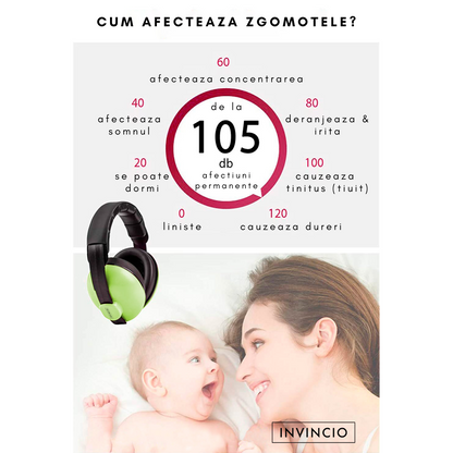 Casti antifonice pentru copii si bebelusi 3-36 luni Invincio Baby Comfort, marime reglabila, ergonomice, captusite, confortabile, usoare, pentru protectia auzului, reducere zgomot 20 dB, verde
