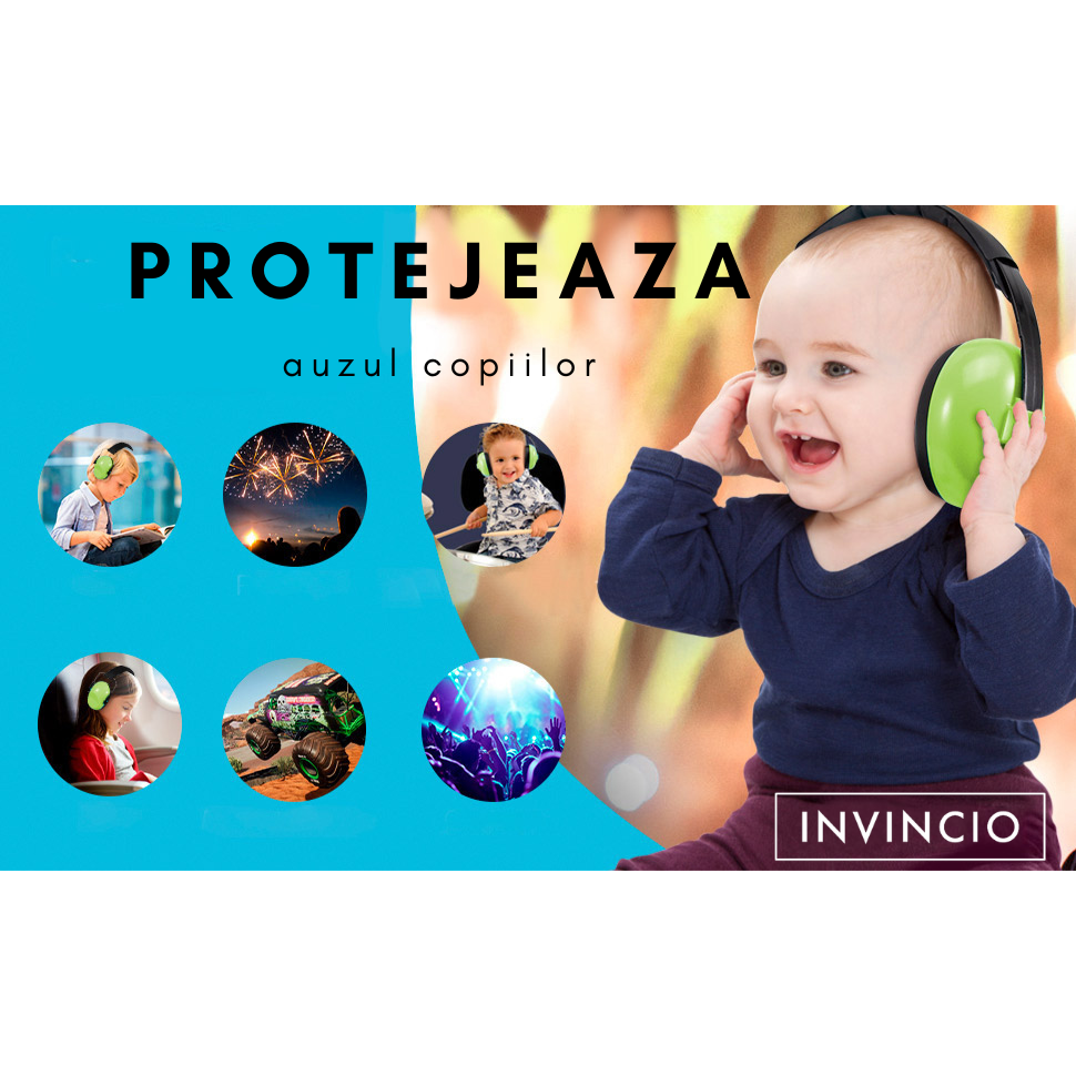 Casti antifonice pentru copii si bebelusi 3-36 luni Invincio Baby Comfort, marime reglabila, ergonomice, captusite, confortabile, usoare, pentru protectia auzului, reducere zgomot 20 dB, verde