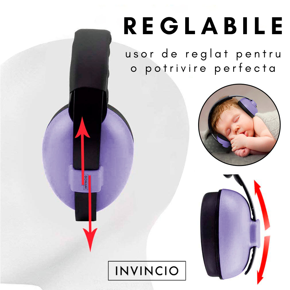 Casti antifonice pentru copii si bebelusi 3-36 luni Invincio Baby Comfort, marime reglabila, ergonomice, captusite, confortabile, usoare, pentru protectia auzului, reducere zgomot 20 dB, mov