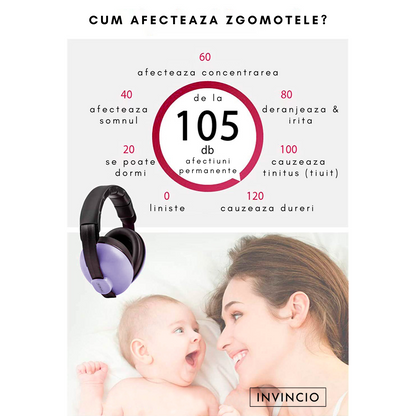 Casti antifonice pentru copii si bebelusi 3-36 luni Invincio Baby Comfort, marime reglabila, ergonomice, captusite, confortabile, usoare, pentru protectia auzului, reducere zgomot 20 dB, mov
