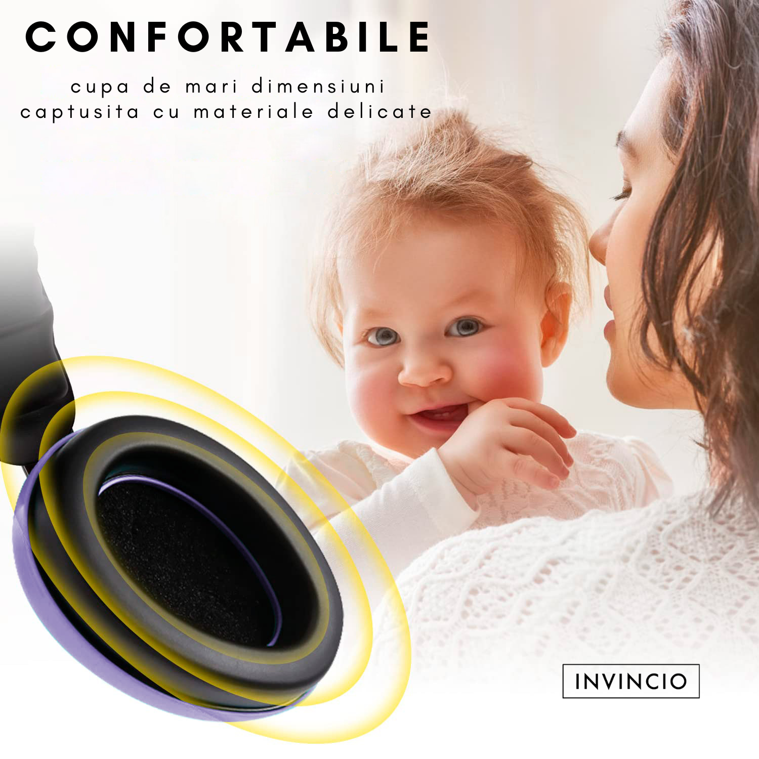 Casti antifonice pentru copii si bebelusi 3-36 luni Invincio Baby Comfort, marime reglabila, ergonomice, captusite, confortabile, usoare, pentru protectia auzului, reducere zgomot 20 dB, mov